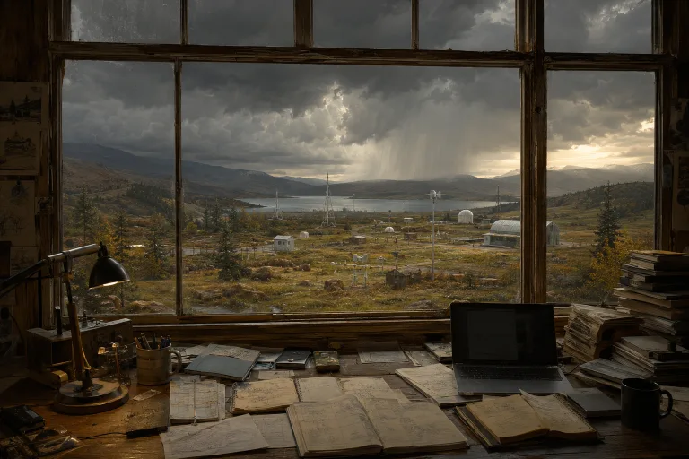 A desk looking through a window toward a small research station beneath a storm